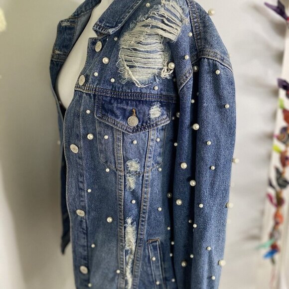 Sunset + Spring Denim Jacket Pearl Embellishment Bride Embroidered Size L NWOT - Picture 6 of 16
